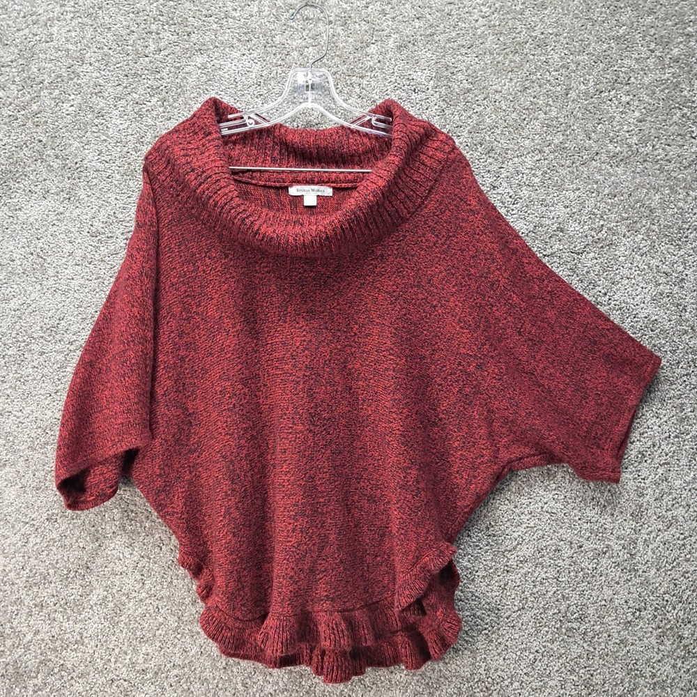 Studio Works Red Marled Cowl Neck Poncho Sweater Ruffle Hem‎ Large RN58719